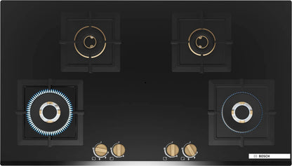Bosch Built in Gas Hob Black Tempered glass Glass 4 Burner Auto Ignition 90 cm Full Brass 3D Ring Burners with Matt Black Heat Shields & Cast Iron pan supports (PNF9B6G20I) 