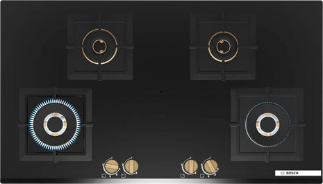 Bosch Built in Gas Hob Black Tempered glass Glass 4 Burner Auto Ignition 90 cm Full Brass 3D Ring Burners with Matt Black Heat Shields & Cast Iron pan supports (PNF9B6G20I) 