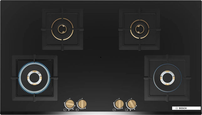 Bosch Built in Gas Hob Black Tempered glass Glass 4 Burner Auto Ignition 90 cm Full Brass 3D Ring Burners with Matt Black Heat Shields & Cast Iron pan supports (PNF9B6G20I) 