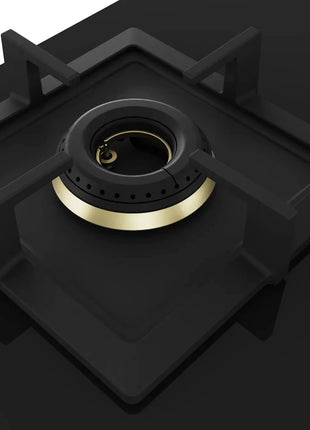 Bosch Built in Gas Hob Black Tempered glass Glass 4 Burner Auto Ignition 90 cm Full Brass 3D Ring Burners with Matt Black Heat Shields & Cast Iron pan supports (PNF9B6G20I) 
