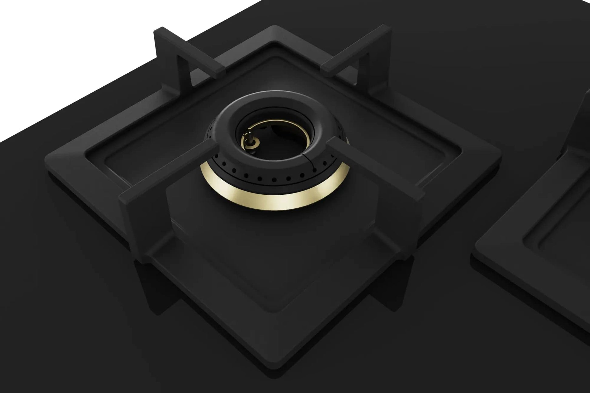 Bosch Built in Gas Hob Black Tempered glass Glass 4 Burner Auto Ignition 90 cm Full Brass 3D Ring Burners with Matt Black Heat Shields & Cast Iron pan supports (PNF9B6G20I) 