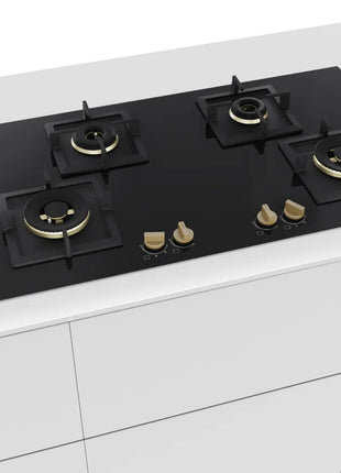 Bosch Built in Gas Hob Black Tempered glass Glass 4 Burner Auto Ignition 90 cm Full Brass 3D Ring Burners with Matt Black Heat Shields & Cast Iron pan supports (PNF9B6G20I) 