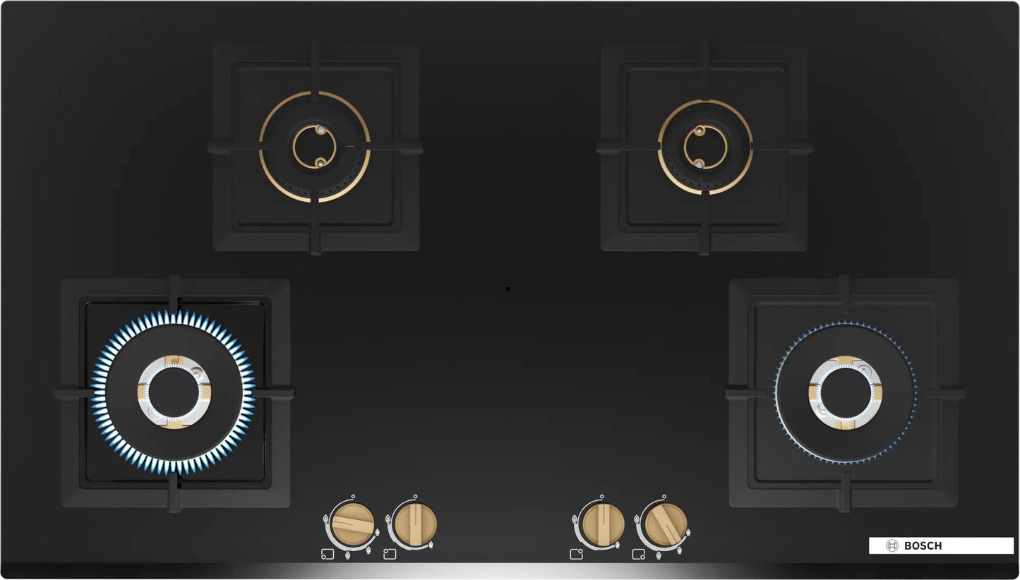 Bosch Built in Gas Hob Black Tempered glass Glass 4 Burner Auto Ignition 90 cm Full Brass 3D Ring Burners with Matt Black Heat Shields & Cast Iron pan supports (PNF9B6G20I) 