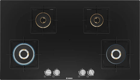 Bosch Built in Gas Hob Black Tempered glass Glass 4 Burner Auto Ignition 90 cm True Brass 2D Ring Burners with Glossy Black Heat Shields & Enameld pan supports (PNF9B6F10I) 