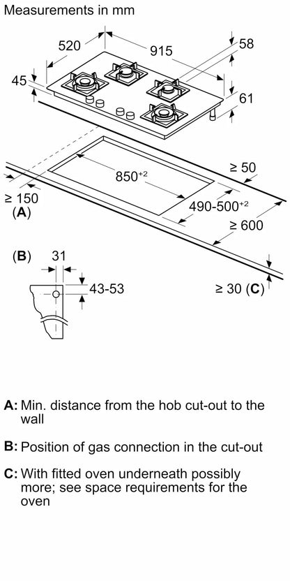Bosch Built in Gas Hob Black Tempered glass Glass 4 Burner Auto Ignition 90 cm True Brass 2D Ring Burners with Glossy Black Heat Shields & Enameld pan supports (PNF9B6F10I) 