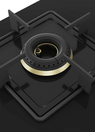 Bosch Built in Gas Hob Black Tempered glass Glass 4 Burner Auto Ignition 90 cm True Brass 2D Ring Burners with Glossy Black Heat Shields & Enameld pan supports (PNF9B6F10I) 