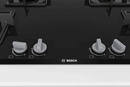 Bosch Built in Gas Hob Black Tempered glass Glass 4 Burner Auto Ignition 90 cm True Brass 2D Ring Burners with Glossy Black Heat Shields & Enameld pan supports (PNF9B6F10I) 