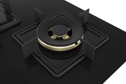 Bosch Built in Gas Hob Black Tempered glass Glass 4 Burner Auto Ignition 90 cm True Brass 2D Ring Burners with Glossy Black Heat Shields & Enameld pan supports (PNF9B6F10I) 