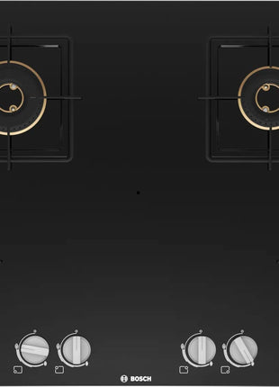 Bosch Built in Gas Hob Black Tempered glass Glass 4 Burner Auto Ignition 90 cm True Brass 2D Ring Burners with Glossy Black Heat Shields & Enameld pan supports (PNF9B6F10I) 