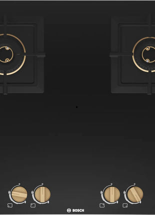 Bosch Built in Gas Hob Black Tempered glass Glass 4 Burner Auto Ignition 90 cm True Brass 2D Ring Burners with Matt Black Heat Shields & Cast Iron pan supports (PNF9B6F20I) 