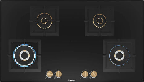 Bosch Built in Gas Hob Black Tempered glass Glass 4 Burner Auto Ignition 90 cm True Brass 2D Ring Burners with Matt Black Heat Shields & Cast Iron pan supports (PNF9B6F20I) 