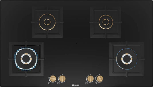 Bosch Built in Gas Hob Black Tempered glass Glass 4 Burner Auto Ignition 90 cm True Brass 2D Ring Burners with Matt Black Heat Shields & Cast Iron pan supports (PNF9B6F20I) 