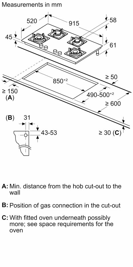 Bosch Built in Gas Hob Black Tempered glass Glass 4 Burner Auto Ignition 90 cm True Brass 2D Ring Burners with Matt Black Heat Shields & Cast Iron pan supports (PNF9B6F20I) 