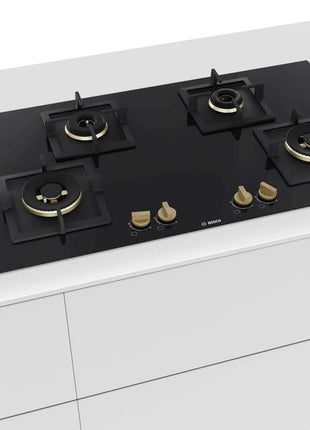 Bosch Built in Gas Hob Black Tempered glass Glass 4 Burner Auto Ignition 90 cm True Brass 2D Ring Burners with Matt Black Heat Shields & Cast Iron pan supports (PNF9B6F20I) 