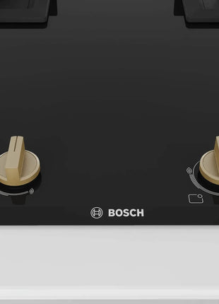 Bosch Built in Gas Hob Black Tempered glass Glass 4 Burner Auto Ignition 90 cm True Brass 2D Ring Burners with Matt Black Heat Shields & Cast Iron pan supports (PNF9B6F20I) 