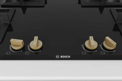 Bosch Built in Gas Hob Black Tempered glass Glass 4 Burner Auto Ignition 90 cm True Brass 2D Ring Burners with Matt Black Heat Shields & Cast Iron pan supports (PNF9B6F20I) 