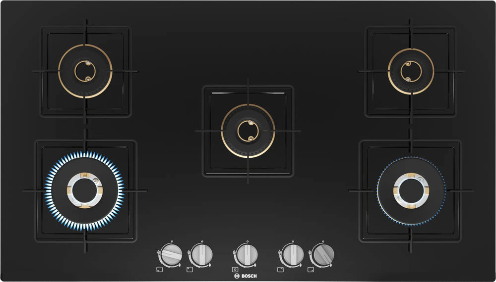 Bosch Built in Gas Hob Black Tempered glass Glass 5 Burner Auto Ignition 90 cm True Brass 2D Ring Burners with Glossy Black Heat Shields & Enameld pan supports (PNV9B6F10I)