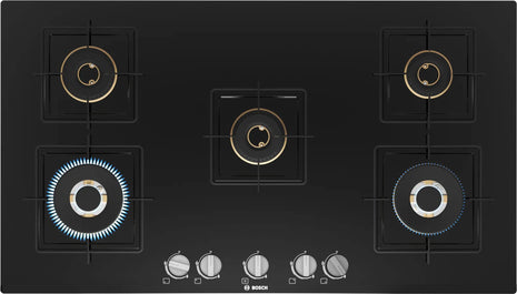 Bosch Built in Gas Hob Black Tempered glass Glass 5 Burner Auto Ignition 90 cm True Brass 2D Ring Burners with Glossy Black Heat Shields & Enameld pan supports (PNV9B6F10I) 
