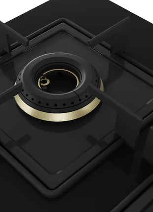 Bosch Built in Gas Hob Black Tempered glass Glass 5 Burner Auto Ignition 90 cm True Brass 2D Ring Burners with Glossy Black Heat Shields & Enameld pan supports (PNV9B6F10I) 