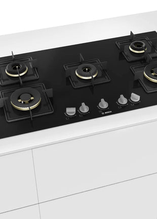 Bosch Built in Gas Hob Black Tempered glass Glass 5 Burner Auto Ignition 90 cm True Brass 2D Ring Burners with Glossy Black Heat Shields & Enameld pan supports (PNV9B6F10I) 