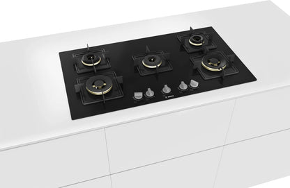 Bosch Built in Gas Hob Black Tempered glass Glass 5 Burner Auto Ignition 90 cm True Brass 2D Ring Burners with Glossy Black Heat Shields & Enameld pan supports (PNV9B6F10I) 