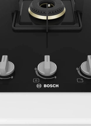 Bosch Built in Gas Hob Black Tempered glass Glass 5 Burner Auto Ignition 90 cm True Brass 2D Ring Burners with Glossy Black Heat Shields & Enameld pan supports (PNV9B6F10I) 