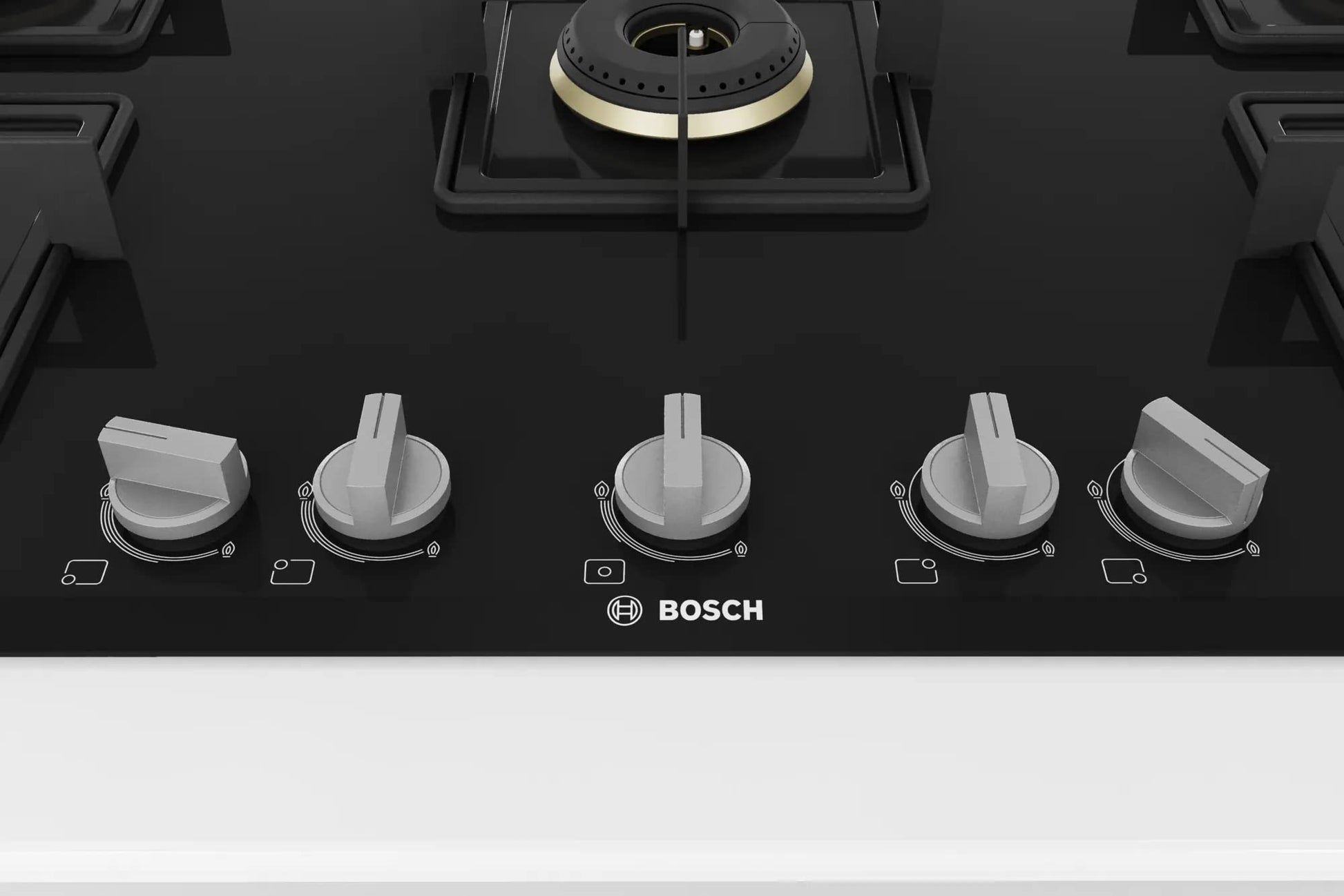 Bosch Built in Gas Hob Black Tempered glass Glass 5 Burner Auto Ignition 90 cm True Brass 2D Ring Burners with Glossy Black Heat Shields & Enameld pan supports (PNV9B6F10I) 