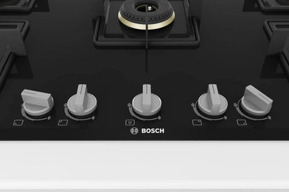 Bosch Built in Gas Hob Black Tempered glass Glass 5 Burner Auto Ignition 90 cm True Brass 2D Ring Burners with Glossy Black Heat Shields & Enameld pan supports (PNV9B6F10I) 