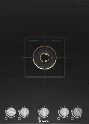 Bosch Built in Gas Hob Black Tempered glass Glass 5 Burner Auto Ignition 90 cm True Brass 2D Ring Burners with Glossy Black Heat Shields & Enameld pan supports (PNV9B6F10I) 