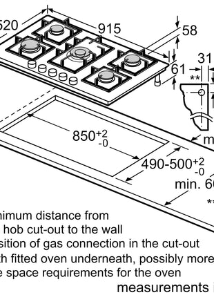 Bosch Built in Gas Hob Black Tempered glass Glass 5 Burner Auto Ignition 90 cm True Brass 2D Ring Burners with Glossy Black Heat Shields & Enameld pan supports (PNV9B6F10I) 