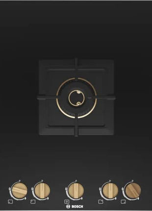 Bosch Built in Gas Hob Black Tempered glass Glass 5 Burner Auto Ignition 90 cm True Brass 2D Ring Burners with Matt Black Heat Shields & Cast Iron pan supports (PNV9B6F20I) 