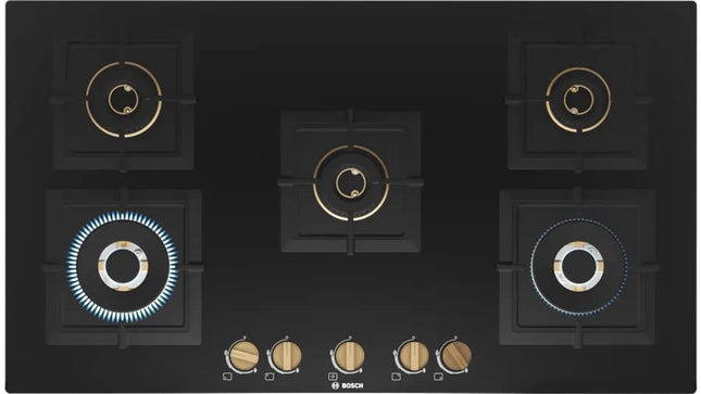 Bosch Built in Gas Hob Black Tempered glass Glass 5 Burner Auto Ignition 90 cm True Brass 2D Ring Burners with Matt Black Heat Shields & Cast Iron pan supports (PNV9B6F20I) 