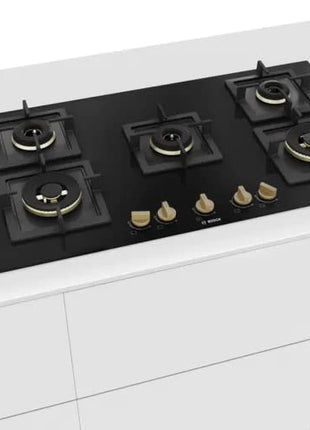 Bosch Built in Gas Hob Black Tempered glass Glass 5 Burner Auto Ignition 90 cm True Brass 2D Ring Burners with Matt Black Heat Shields & Cast Iron pan supports (PNV9B6F20I) 
