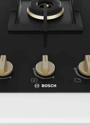 Bosch Built in Gas Hob Black Tempered glass Glass 5 Burner Auto Ignition 90 cm True Brass 2D Ring Burners with Matt Black Heat Shields & Cast Iron pan supports (PNV9B6F20I) 