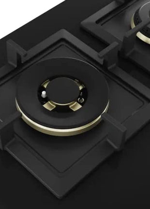 Bosch Built in Gas Hob Black Tempered glass Glass 5 Burner Auto Ignition 90 cm True Brass 2D Ring Burners with Matt Black Heat Shields & Cast Iron pan supports (PNV9B6F20I) 