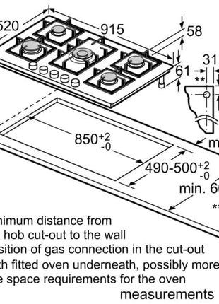 Bosch Built in Gas Hob Black Tempered glass Glass 5 Burner Auto Ignition 90 cm True Brass 2D Ring Burners with Matt Black Heat Shields & Cast Iron pan supports (PNV9B6F20I) 