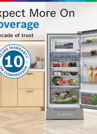 Bosch SmartChoice 207 L, 3 Star, Single Door Refrigerator with Industry's largest base drawer & veg box*(CST20S23PI,Fine Steel) |18 Hr Cooling Retention, 2.5x Faster Cooling, smart inverter compressor 