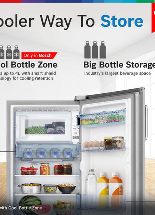 Bosch SmartChoice 207 L, 3 Star, Single Door Refrigerator with Industry's largest base drawer & veg box*(CST20S23PI,Fine Steel) |18 Hr Cooling Retention, 2.5x Faster Cooling, smart inverter compressor 