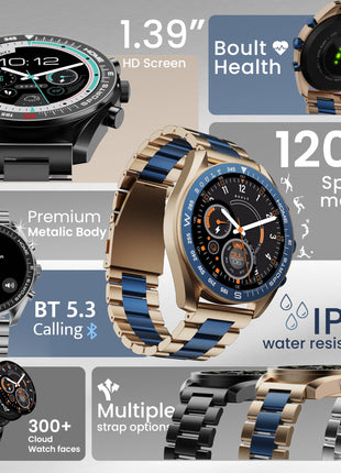 Boult Newly Launched Mirage Smart Watch 1.39''HD Screen, Bluetooth Calling, IP67, Zinc Alloy Frame, 500 Nits Brightness, AI Voice Assistant, SpO2 Monitoring, 120+ Sports Mode (Amber Blue) 