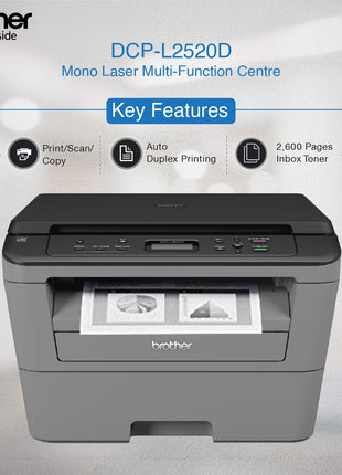Brother DCP-L2520D Automatic Duplex Laser Printer with 30 Pages Per Minute Print Speed, Multifunction (Print Scan Copy), 2 in 1 (ID) Copy Button, LCD Display, 32 MB Memory, 250 Sheet Paper Tray, USB 