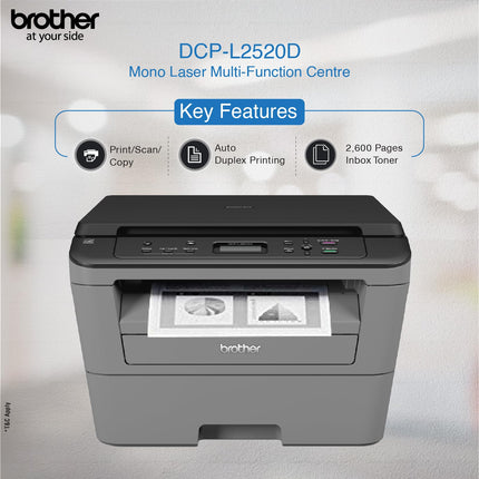 Brother DCP-L2520D Automatic Duplex Laser Printer with 30 Pages Per Minute Print Speed, Multifunction (Print Scan Copy), 2 in 1 (ID) Copy Button, LCD Display, 32 MB Memory, 250 Sheet Paper Tray, USB 
