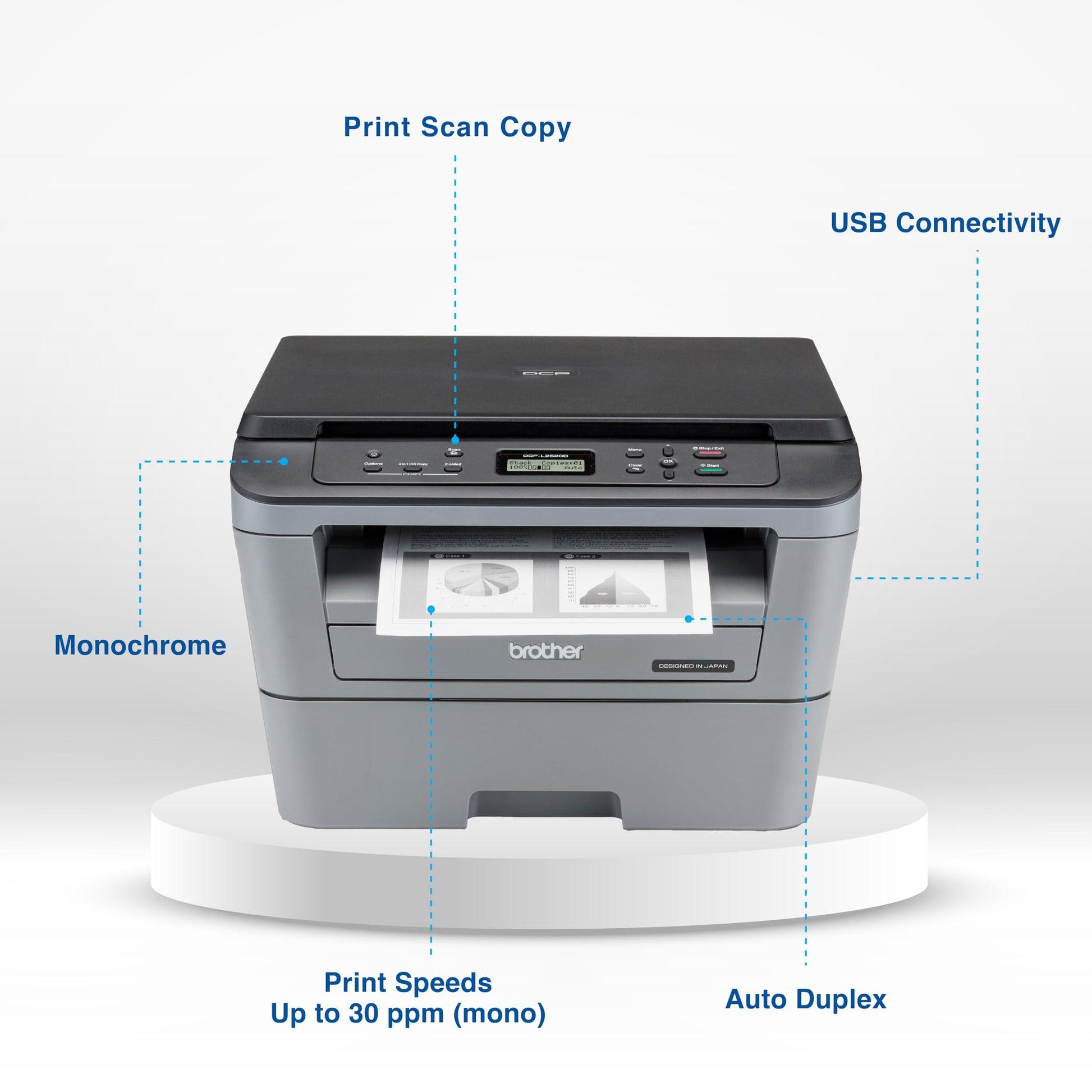 Brother DCP-L2520D Automatic Duplex Laser Printer with 30 Pages Per Minute Print Speed, Multifunction (Print Scan Copy), 2 in 1 (ID) Copy Button, LCD Display, 32 MB Memory, 250 Sheet Paper Tray, USB 