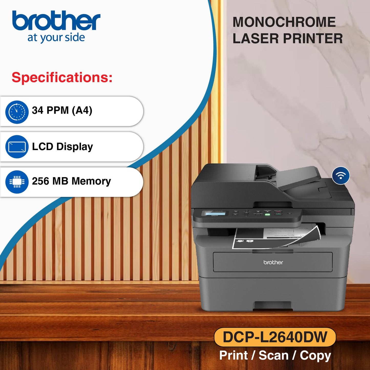 Brother DCP-L2640DW New Launch Auto Duplex Laser Printers, 34 PPM, Print Scan Copy, LCD Display, ADF, 256MB Memory(WiFi Direct LAN USB), 250 Sheet Tray, 2 in 1 (ID) Copy Button,Free Installation,Black 