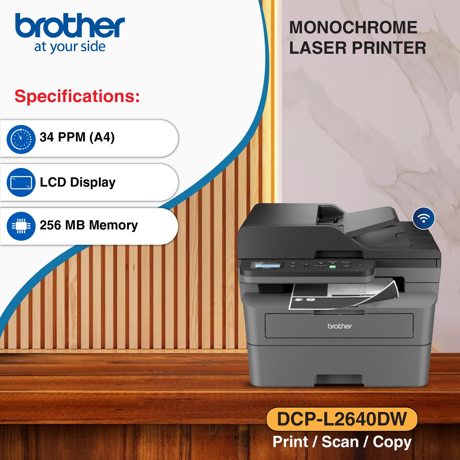 Brother DCP-L2640DW New Launch Auto Duplex Laser Printers, 34 PPM, Print Scan Copy, LCD Display, ADF, 256MB Memory(WiFi Direct LAN USB), 250 Sheet Tray, 2 in 1 (ID) Copy Button,Free Installation,Black 