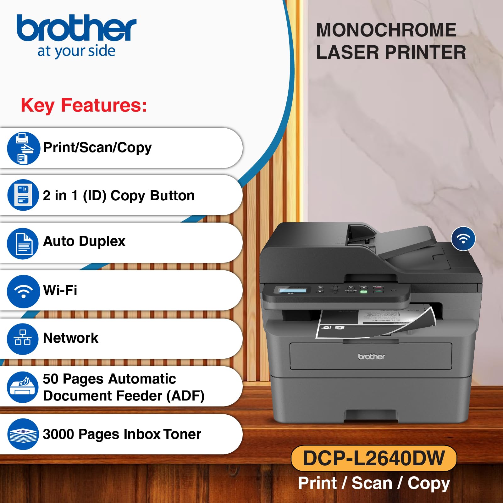 Brother DCP-L2640DW New Launch Auto Duplex Laser Printers, 34 PPM, Print Scan Copy, LCD Display, ADF, 256MB Memory(WiFi Direct LAN USB), 250 Sheet Tray, 2 in 1 (ID) Copy Button,Free Installation,Black 