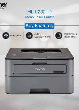 Brother HL-L2321D Automatic Duplex Laser Printers with 30 PPM Print Speed, 8 MB Memory, Large 250 Sheet Paper Tray, Wired USB Connectivity - Black 