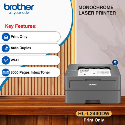 Brother HL-L2440DW(New Launch)Auto Duplex Monochrome Laser Printer,30 PPM Print Speed,LCD Display,64 MB Memory,(WiFi Direct LAN USB),250 Sheet Paper Tray,3000 Pages Inbox Toner,Free Installation,Black 