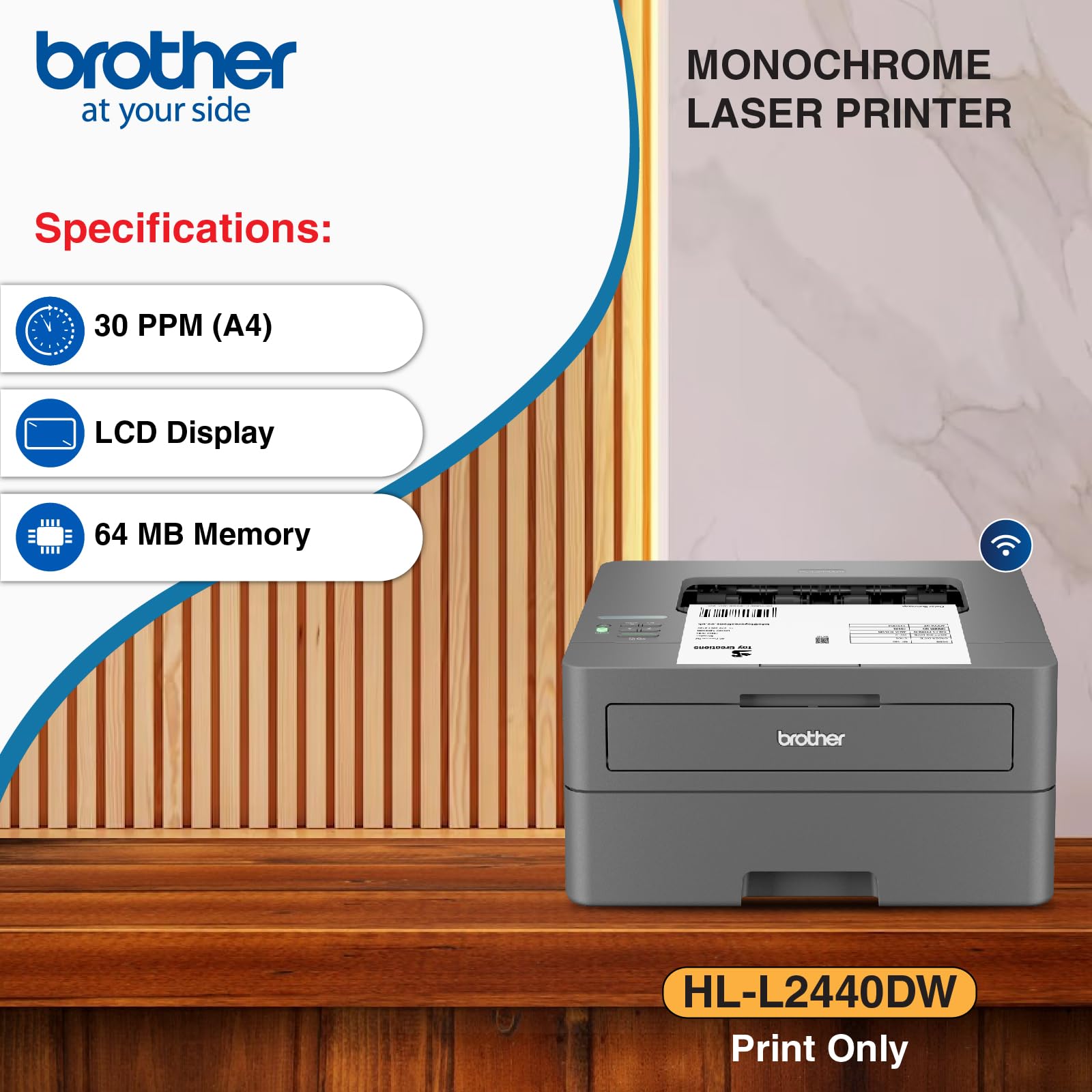 Brother HL-L2440DW(New Launch)Auto Duplex Monochrome Laser Printer,30 PPM Print Speed,LCD Display,64 MB Memory,(WiFi Direct LAN USB),250 Sheet Paper Tray,3000 Pages Inbox Toner,Free Installation,Black 