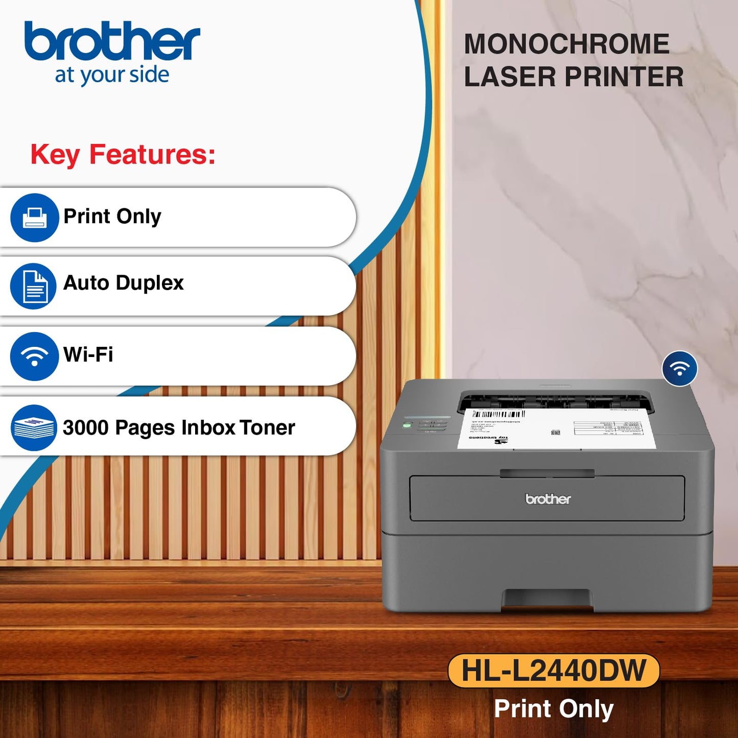 Brother HL-L2440DW(New Launch)Auto Duplex Monochrome Laser Printer,30 PPM Print Speed,LCD Display,64 MB Memory,(WiFi Direct LAN USB),250 Sheet Paper Tray,3000 Pages Inbox Toner,Free Installation,Black 