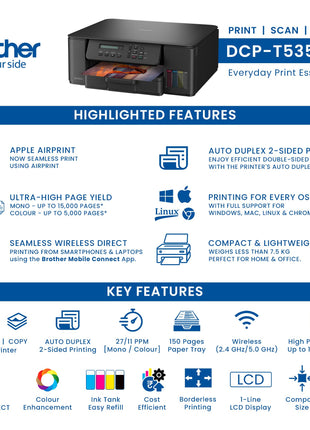 Brother Ink Tank DCP-T535DW New Launch (Print Scan Copy) WiFi Auto Duplex Printer, 128MB Memory, Print Pages Upto 15K in Black & 5K in Color Each (CMY) Get an Extra Black Ink Bottle, Free Installation 